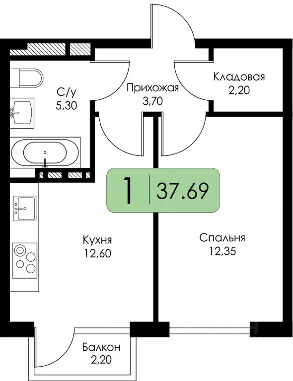 1-к кв. Смоленская область, Смоленск Среда жилой комплекс (37.69 м) - Фото 0