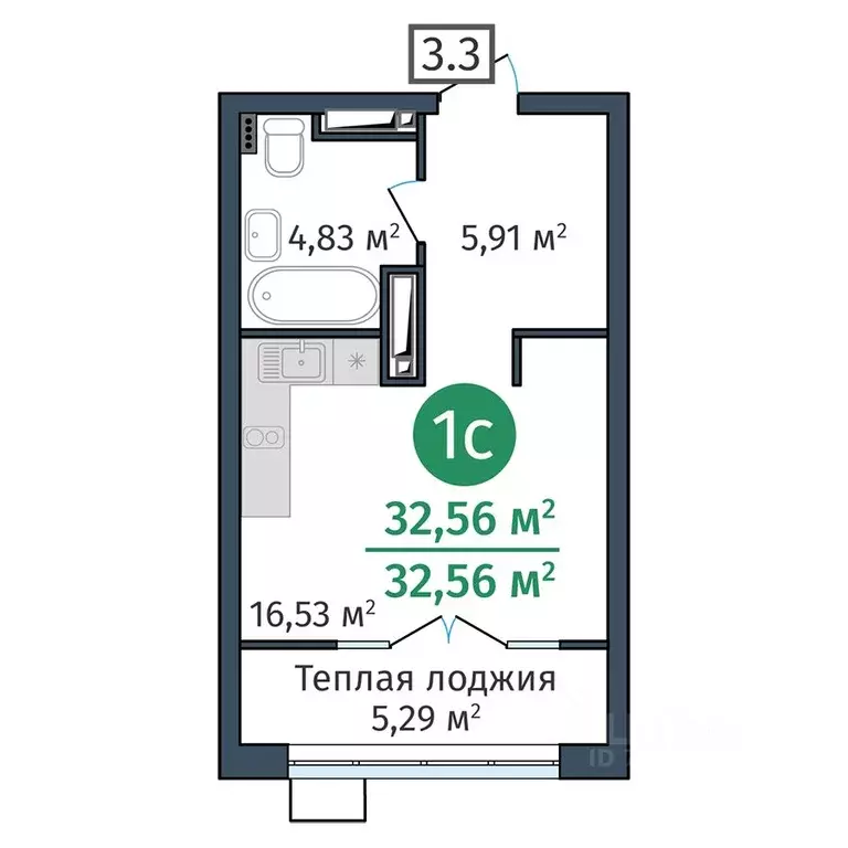 Студия Тюменская область, Тюмень ул. Краснооктябрьская, 12 (32.56 м) - Фото 0