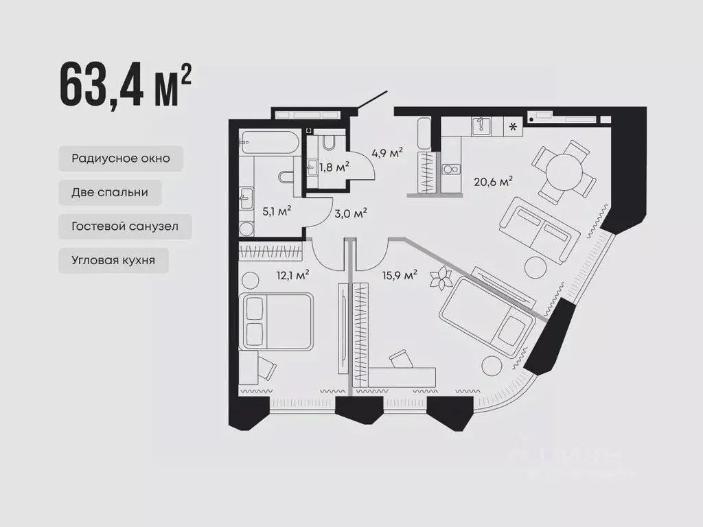2-к кв. Тюменская область, Тюмень  (63.4 м) - Фото 1