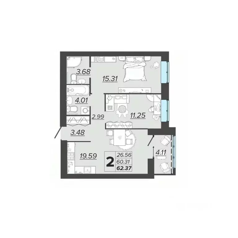 2-к кв. Брянская область, Брянск Архитектор жилой комплекс (62.37 м) - Фото 0