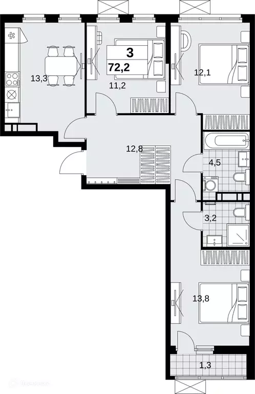 Продаётся 3-к квартира, 72.2 м - Фото 1