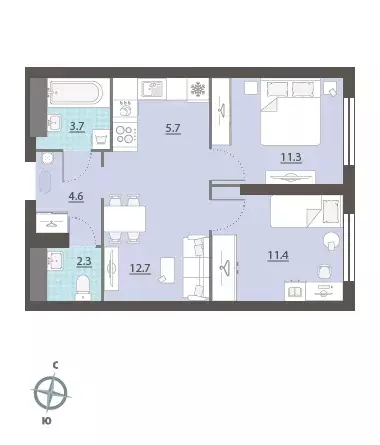 2-к квартира, 51.8 м - Фото 0