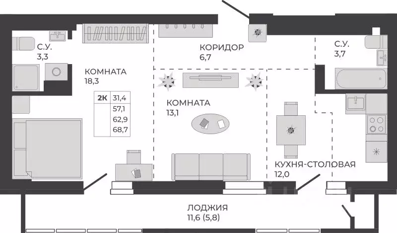2-к кв. Алтайский край, Барнаул тракт Павловский, 251Б (62.9 м) - Фото 1