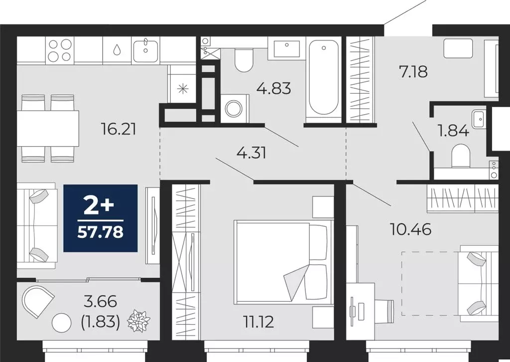 2-комнатная квартира: Тюмень, микрорайон Энтузиастов (55.95 м) - Фото 0