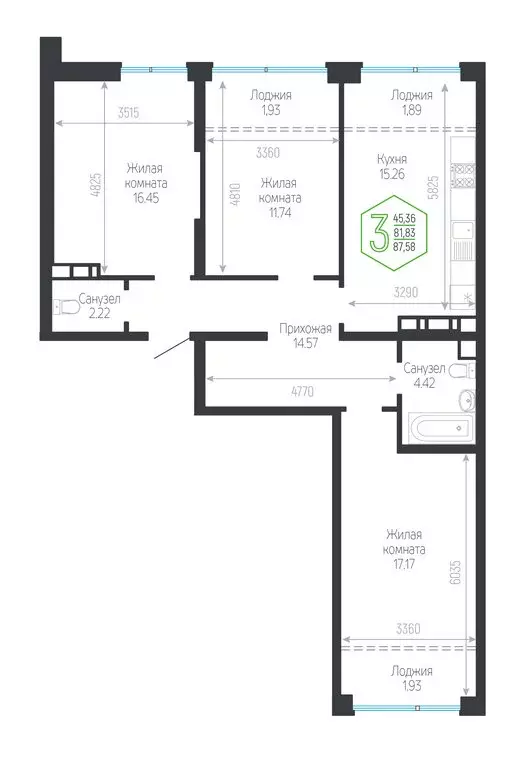 3-комнатная квартира: Краснодар, Обрывная улица, 132/1к25 (87.58 м) - Фото 1