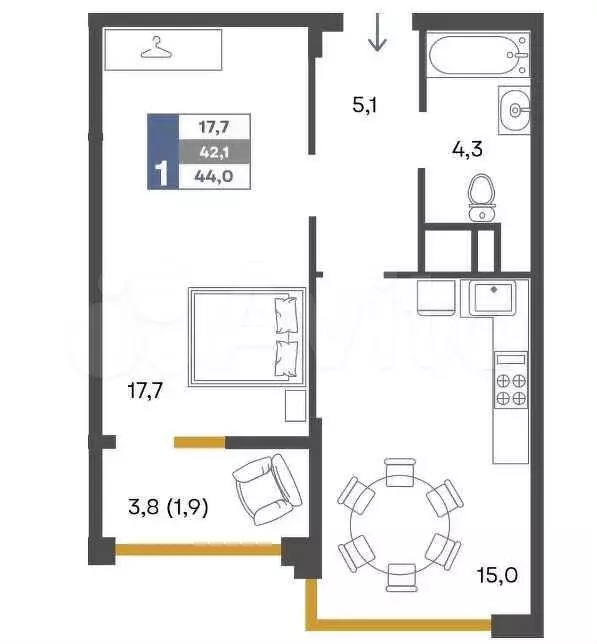 1-к. квартира, 44 м, 3/4 эт. - Фото 0