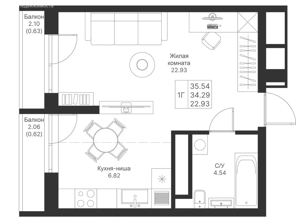 1-комнатная квартира: Казань, ЖК Мой Ритм (35.54 м) - Фото 0