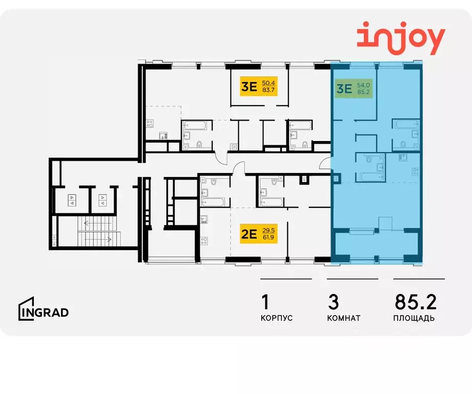 3-к кв. Москва Инджой жилой комплекс (85.2 м) - Фото 1
