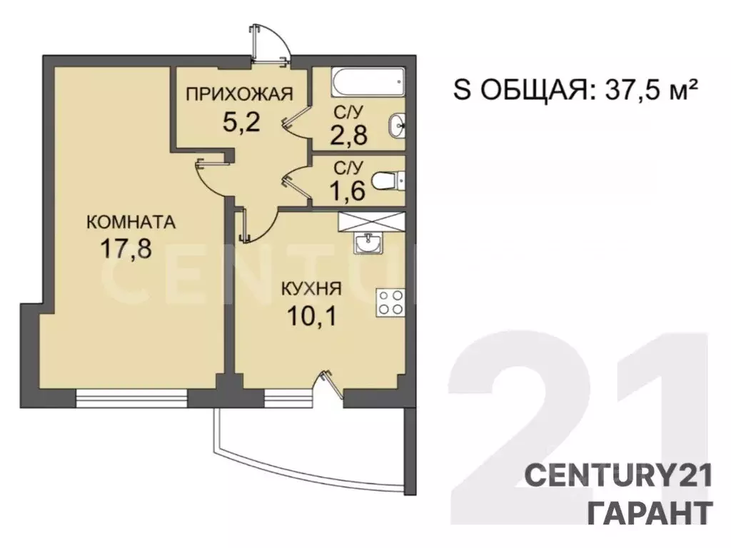 Квартира, 1 комната, 37.5 м - Фото 1