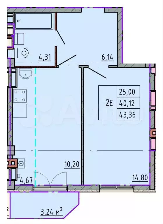 1-к. квартира, 43,2 м, 5/5 эт. - Фото 0