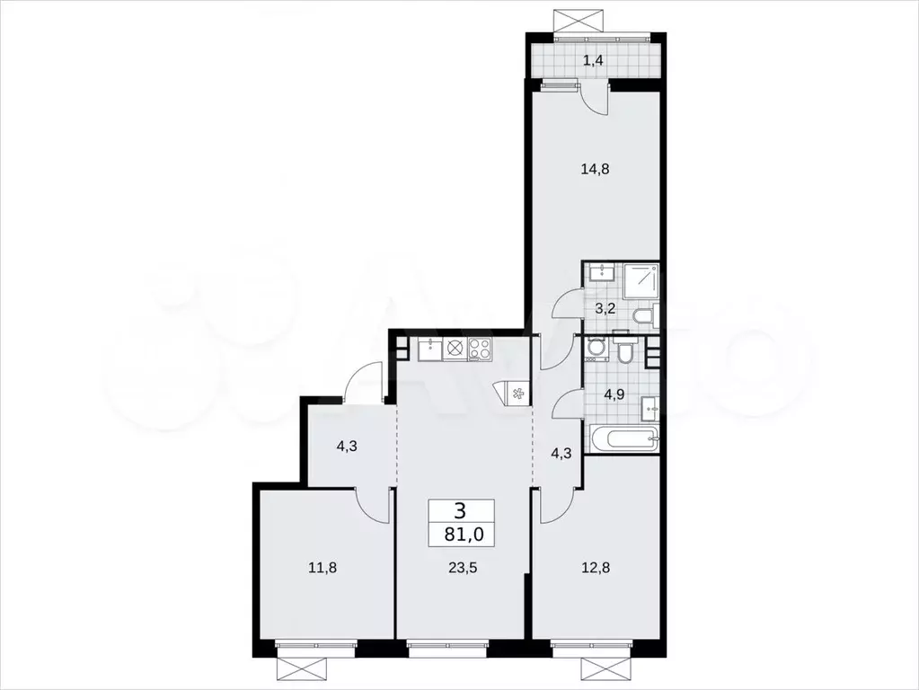 3-к. квартира, 81м, 3/17эт. - Фото 1