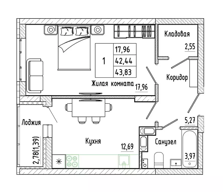 1-к кв. Воронежская область, Воронеж Нижняя ул., 32 (43.83 м) - Фото 1