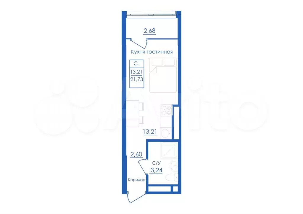 Квартира-студия, 21,7 м, 14/25 эт. - Фото 1
