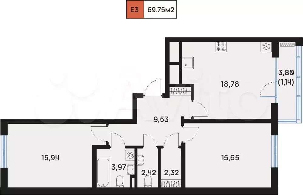 2-к. квартира, 69,8м, 5/9эт. - Фото 1