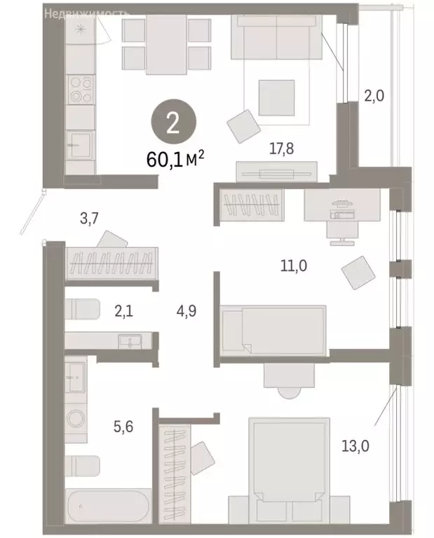 2-комнатная квартира: Тюмень, улица Республики, 205к2 (60.13 м) - Фото 2