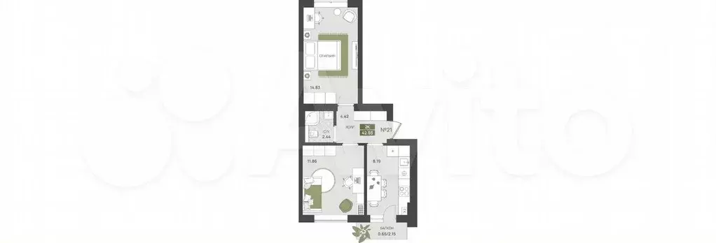 2-к. квартира, 42 м, 1/5 эт. - Фото 1