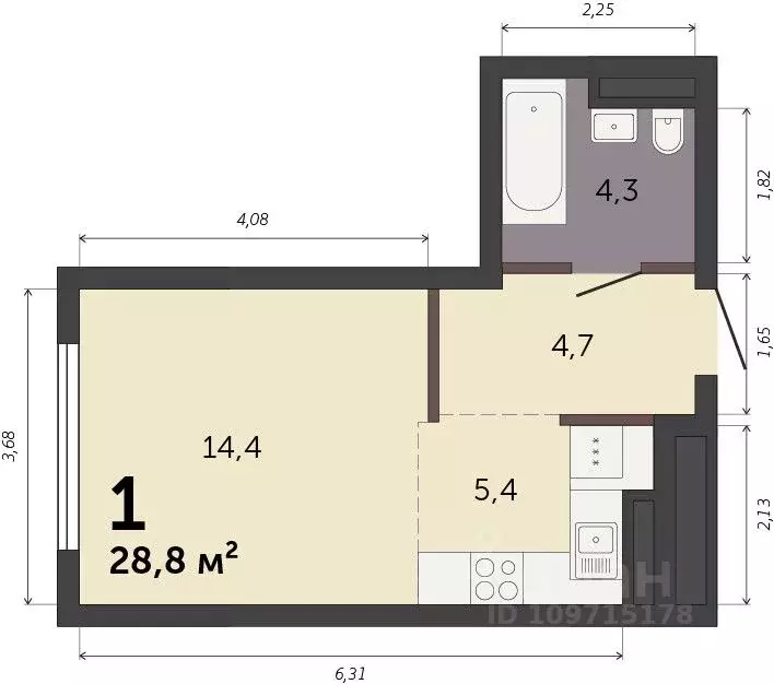 Студия Свердловская область, Екатеринбург Южный жилрайон,  (28.8 м) - Фото 1