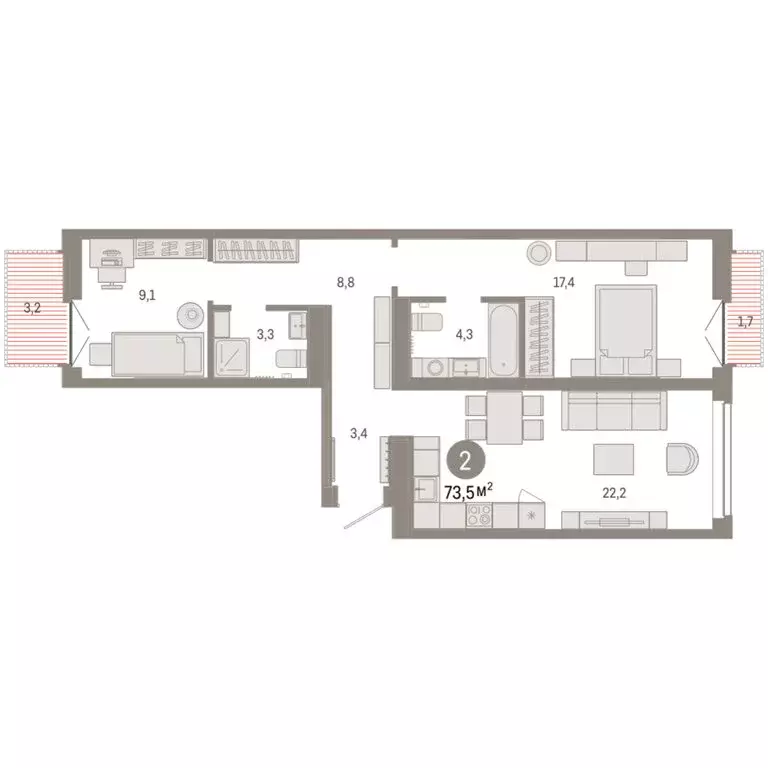 2-комнатная квартира: Тюмень, жилой комплекс Республики 205 (73.46 м) - Фото 1