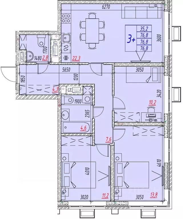 4-к кв. Астраханская область, Астрахань ул. Бэра, 29 (76.8 м) - Фото 1