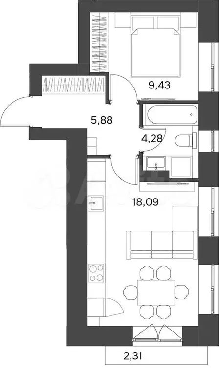 2-к. квартира, 38,4 м, 5/9 эт. - Фото 1