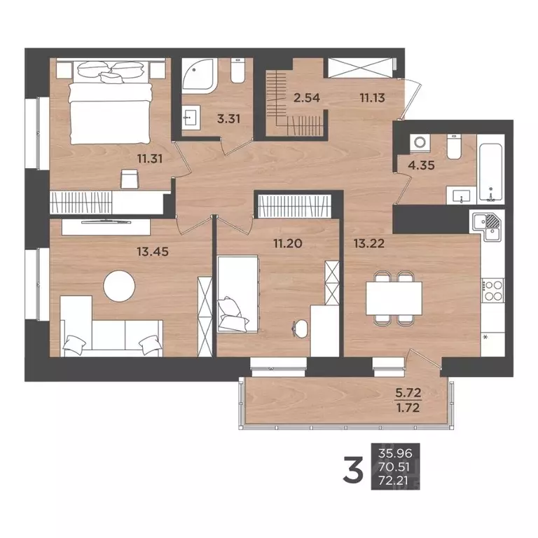 3-к кв. Пермский край, Пермь ул. Космонавта Леонова, 41к3 (72.23 м) - Фото 1