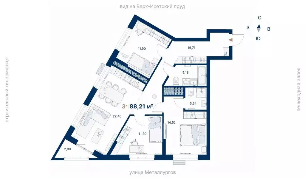 3-к кв. Свердловская область, Екатеринбург ул. Металлургов, 70Е (88.21 ... - Фото 1