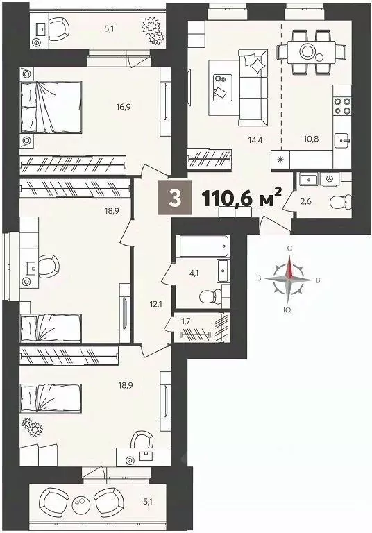 3-к кв. Пензенская область, Пенза Новелла жилой комплекс, с2 (110.6 м) - Фото 0