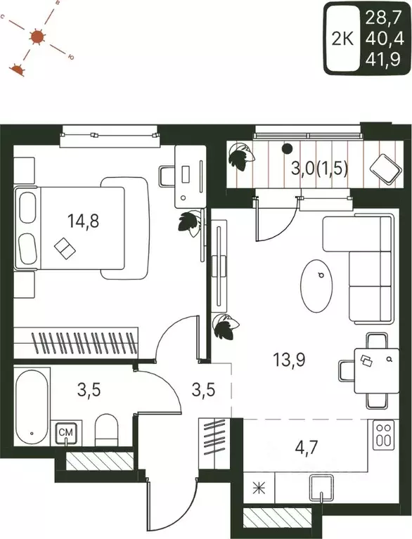Студия Пермский край, Пермь ул. Серебристая, 1 (41.9 м) - Фото 1