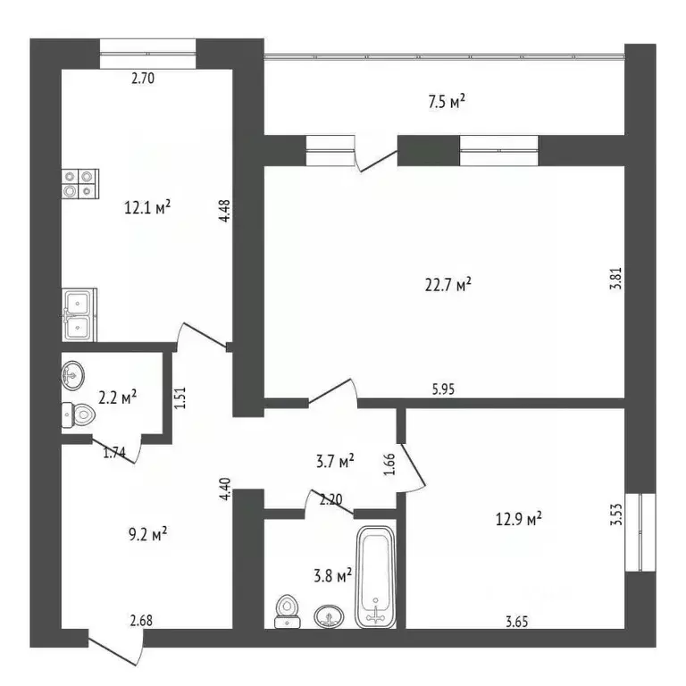 2-к кв. Тюменская область, Тюмень ул. Грибоедова, 13к1 (66.6 м) - Фото 2