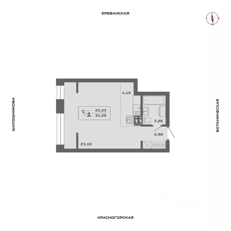 Студия Новосибирская область, Новосибирск Аэропорт мкр,  (34.56 м) - Фото 0