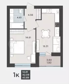 1-к. квартира, 43,9 м, 8/9 эт. - Фото 1