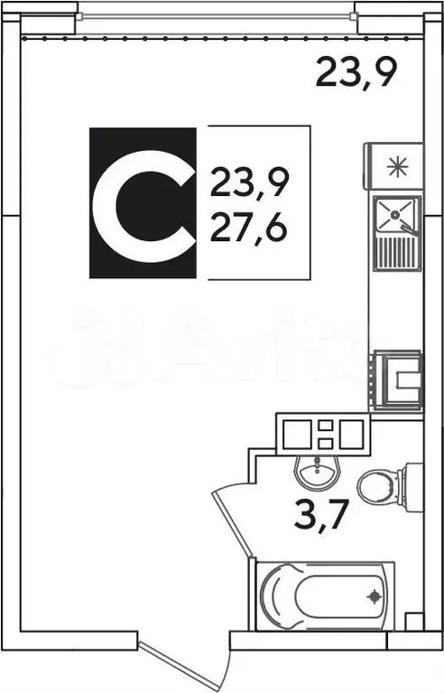 Квартира-студия, 27,6 м, 7/16 эт. - Фото 1