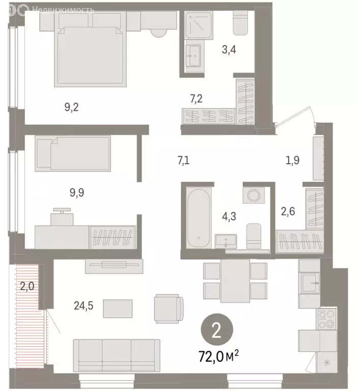 2-комнатная квартира: Новосибирск, улица Аэропорт (71.97 м) - Фото 1