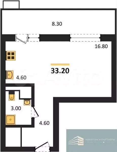 Квартира-студия, 33,2 м, 12/15 эт. - Фото 0