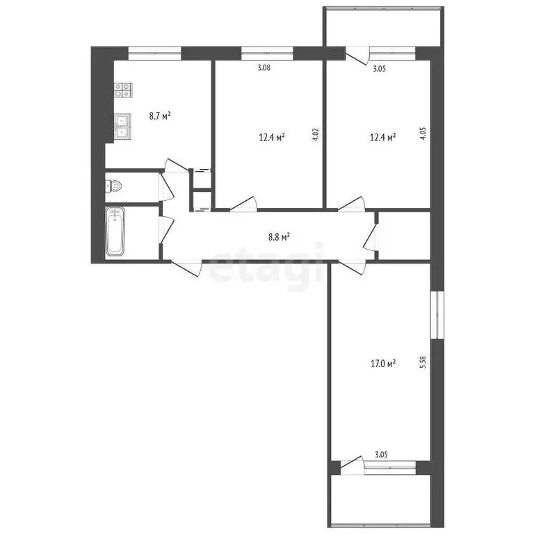 3-комнатная квартира: Ивняки, Центральная улица, 9 (65 м) - Фото 1