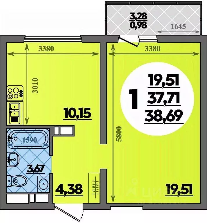 1-к кв. Адыгея, Майкоп ул. Михайлова, 7 (38.69 м) - Фото 1