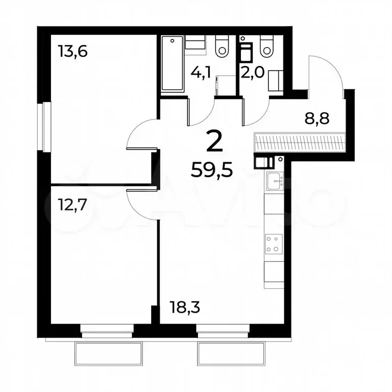 2-к. квартира, 59,5 м, 4/15 эт. - Фото 0