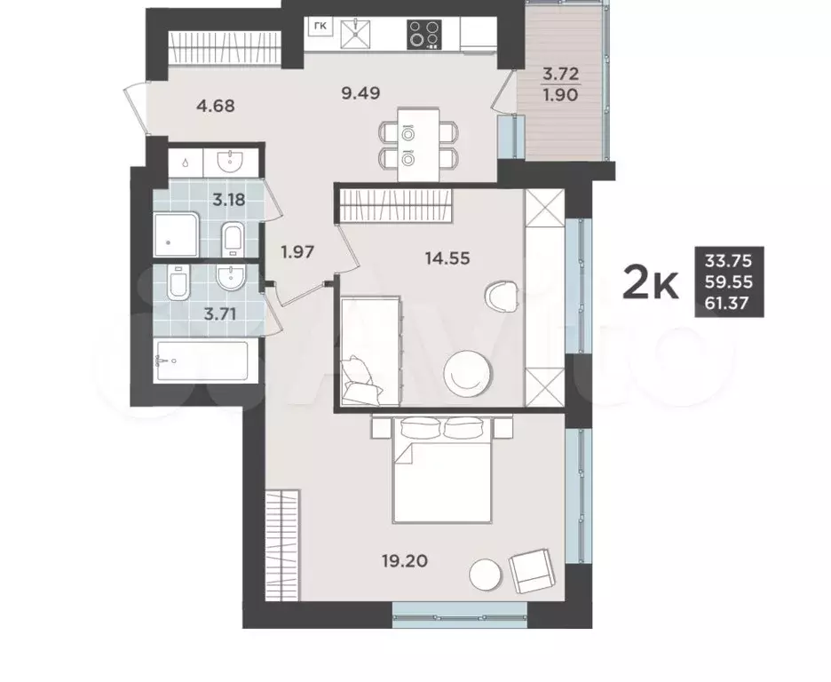 2-к. квартира, 61,4 м, 1/9 эт. - Фото 1