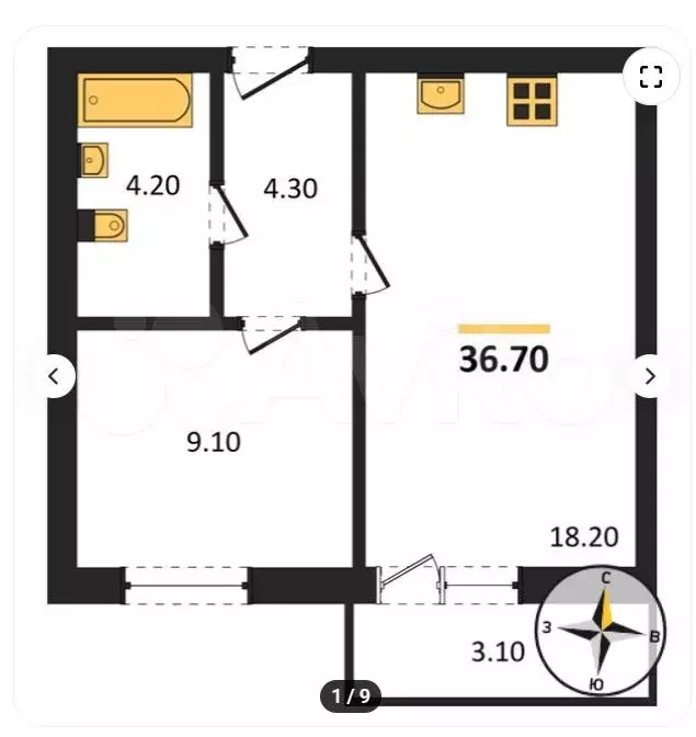 1-к. квартира, 36,7 м, 2/8 эт. - Фото 1