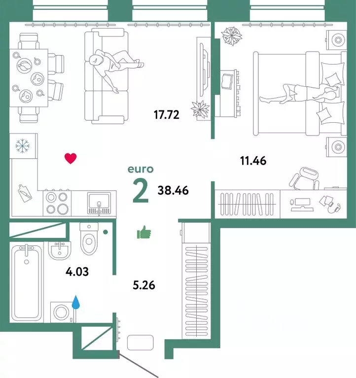2-к кв. Тюменская область, Тюмень Интернациональная ул., 199к9 (38.71 ... - Фото 1