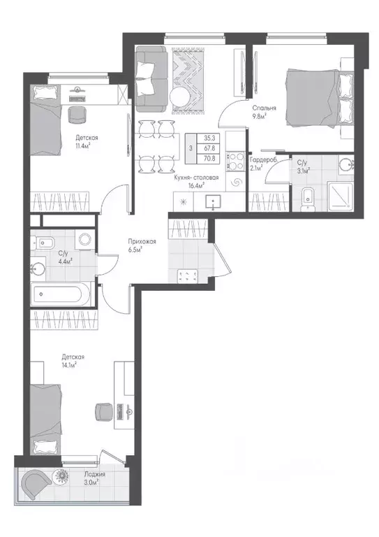 3-к кв. Тверская область, Тверь Лесная Мелодия-3 жилой комплекс (69.3 ... - Фото 2