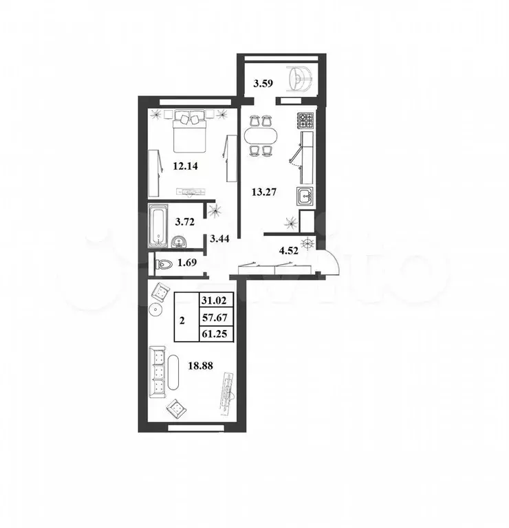 2-к. квартира, 57,7 м, 2/9 эт. - Фото 0