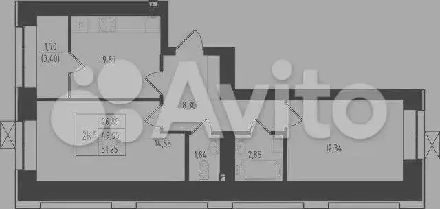 2-к. квартира, 51,7м, 9/15эт. - Фото 1