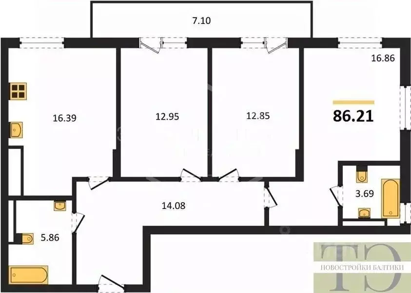 3-к кв. Калининградская область, Гурьевский муниципальный округ, пос. ... - Фото 1