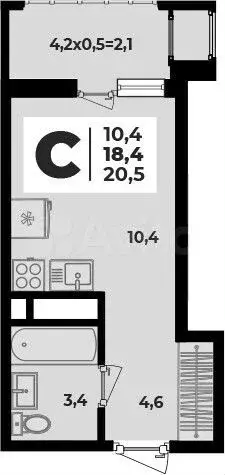 Квартира-студия, 20,5м, 4/8эт. - Фото 1