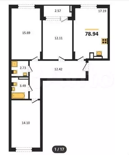 3-к. квартира, 78,9 м, 1/9 эт. - Фото 1