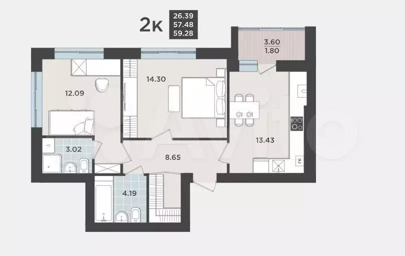 2-к. квартира, 57,5 м, 3/9 эт. - Фото 1