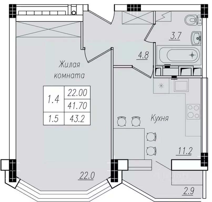1-к кв. Курская область, Курск ул. Энгельса, 158к2 (42.5 м) - Фото 1