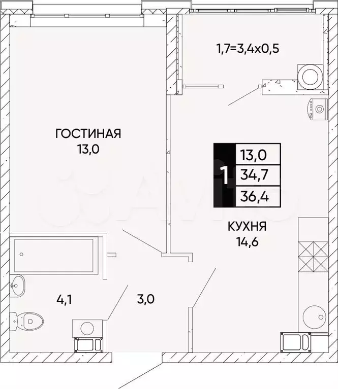 1-к. квартира, 36,4 м, 4/22 эт. - Фото 0