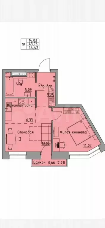 2-к. квартира, 44,4 м, 4/6 эт. - Фото 1